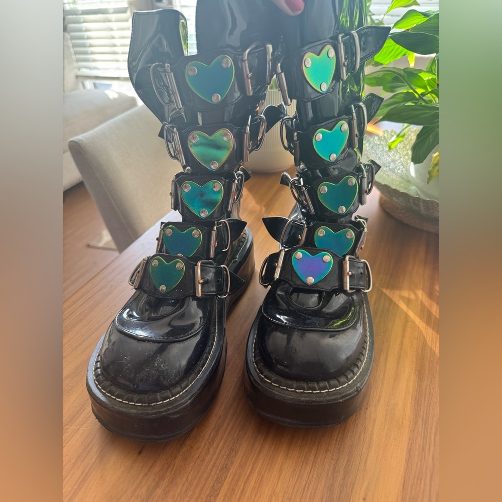 Demonia Black and Blue Combat Boots with Heart Motif